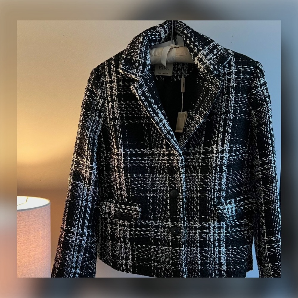 ELIE TAHARI Black and White Plaid Tweed Blazer Jacket